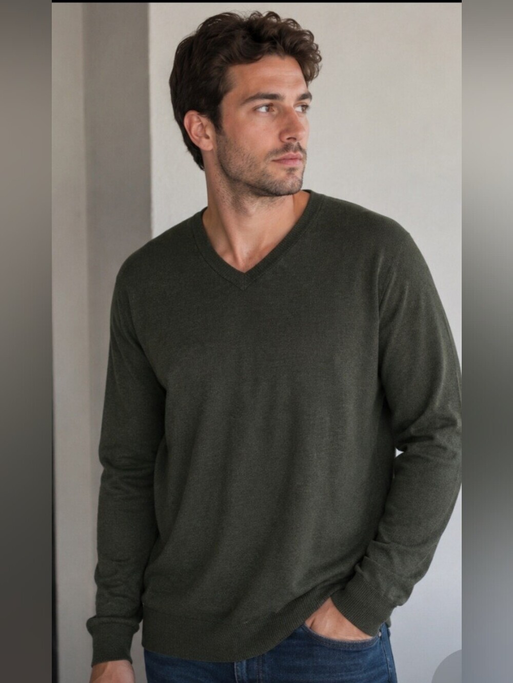 St. John's Bay Mens Size XL V-Neck Long Sleeve Sweater in Olive Heather